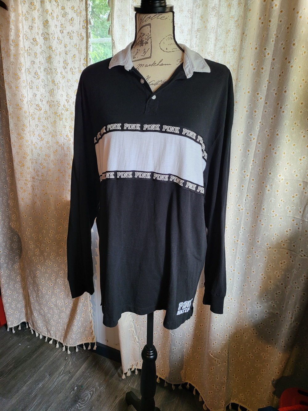 Victoria’s Secret PINK Nation Black White Rugby Polo Shirt Large